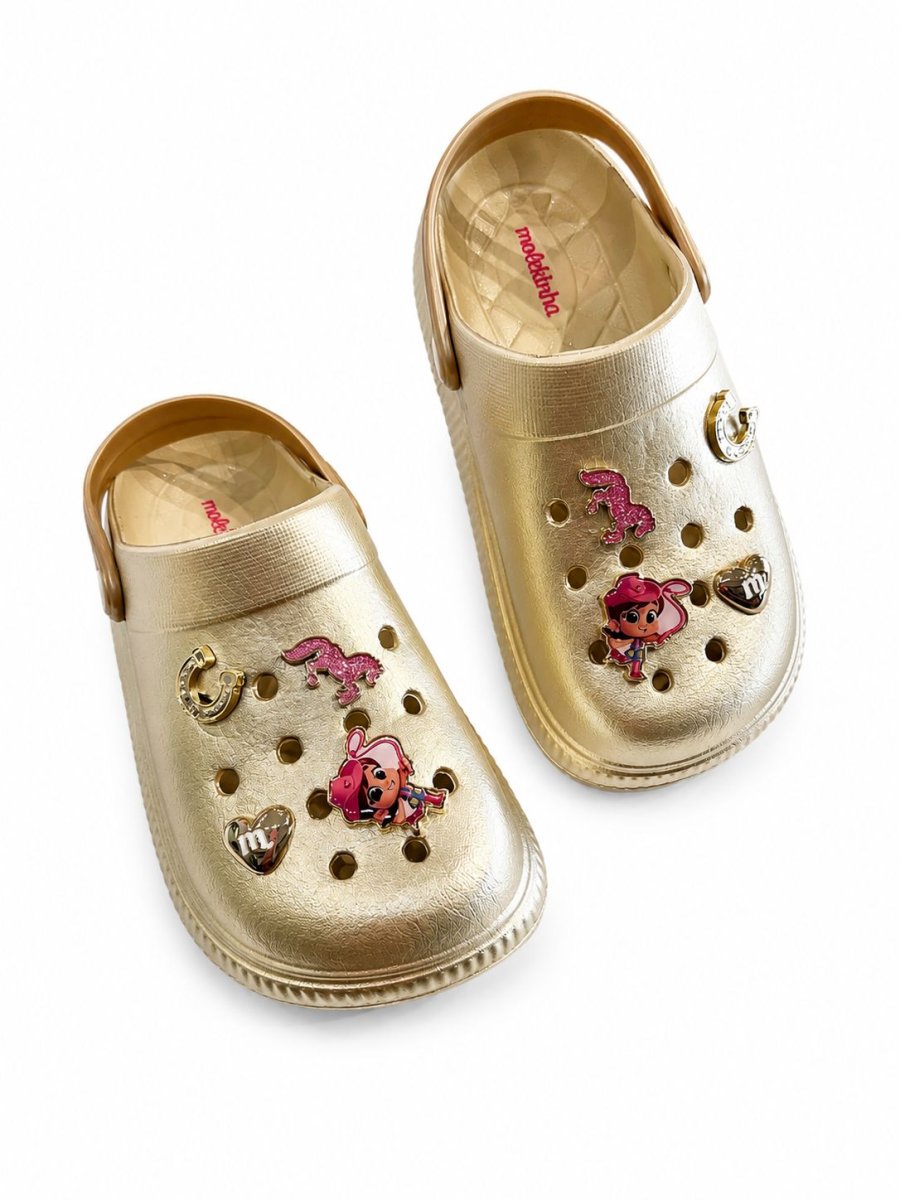 Babuche Infantil Feminino com Pins Dourado